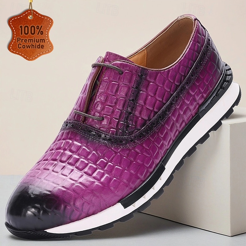 Men's Purple Genuine Leather Crocodile Pattern Sneakers with Lace-Up Design and Flexible Sole, Designer Casual Dress Shoes for Business and Evening Occasions