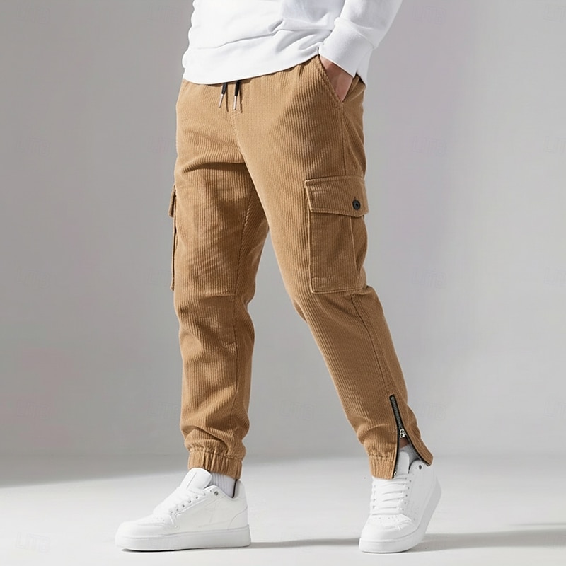 Men's Cargo Pants Trousers Corduroy Pants Slacks Baggy Pants Drawstring Front Pocket Plain Comfort Full Length Outdoor Home Party Vacation Fashion Black Navy Blue Micro-elastic