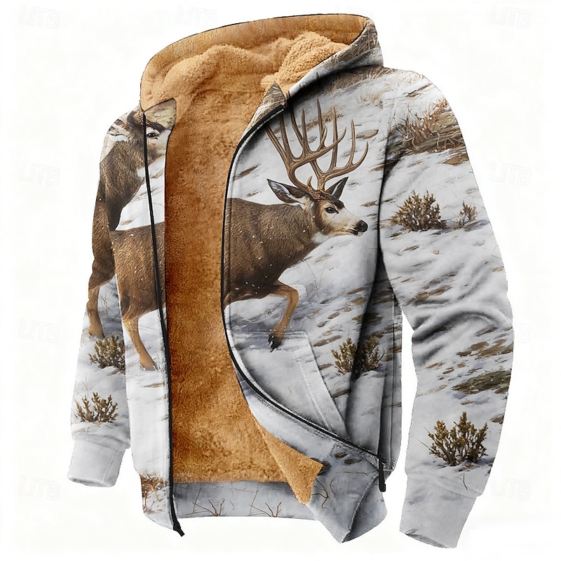 Men's Camouflage Deer Fleece Hoodie Jacket Classic Military Long Sleeve Crew Neck Outdoor Camping Brown Light Grey Zip Up Fall Winter Designer2