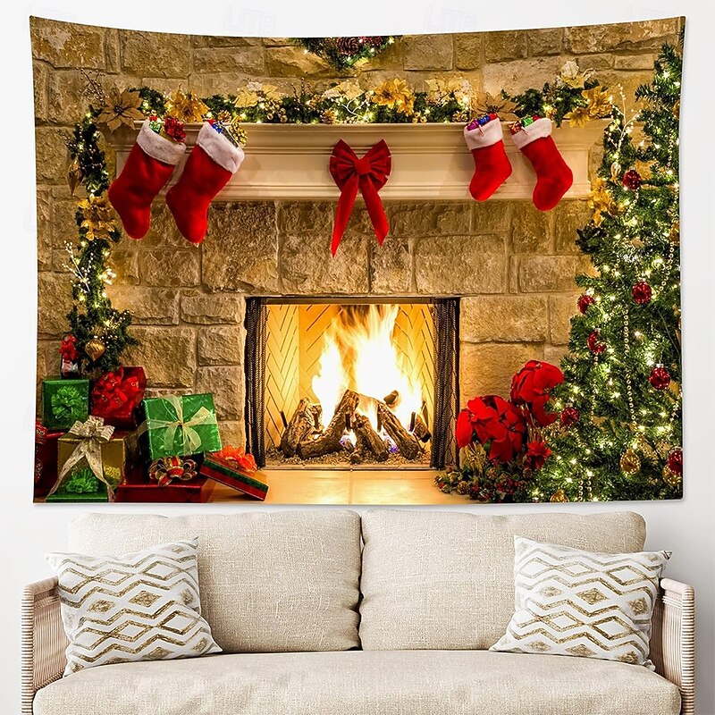 Christmas Tapestry Banners Blanket Ornaments Fireplace 3D Cozy Party Living Room Dorm Shooting Backgrounds Yard Gift Home Decor3