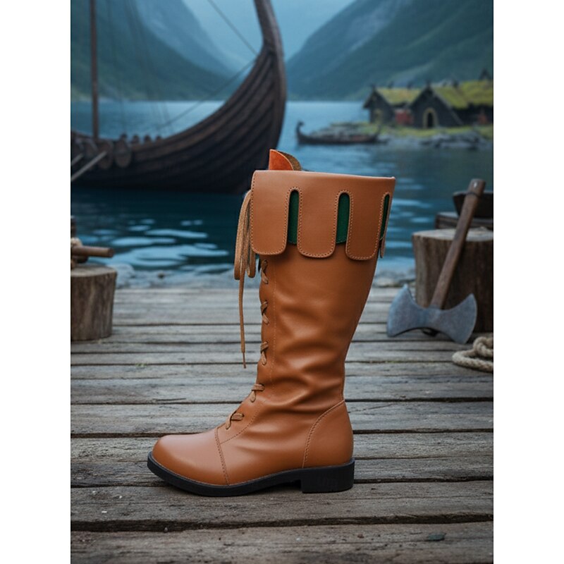 Women's Brown Faux Leather Medieval Viking Knee-High Lace-Up Boots, Retro Renaissance Costume Shoes for LARP, Cosplay, Festivals & Stage Performances4