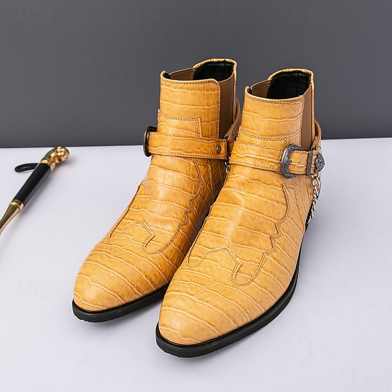 Men's Yellow Crocodile-Pattern  Ankle Boots with Buckle Strap and Block Heel, Stylish Western Motorcycle Boots for Parties and Stage Wear4