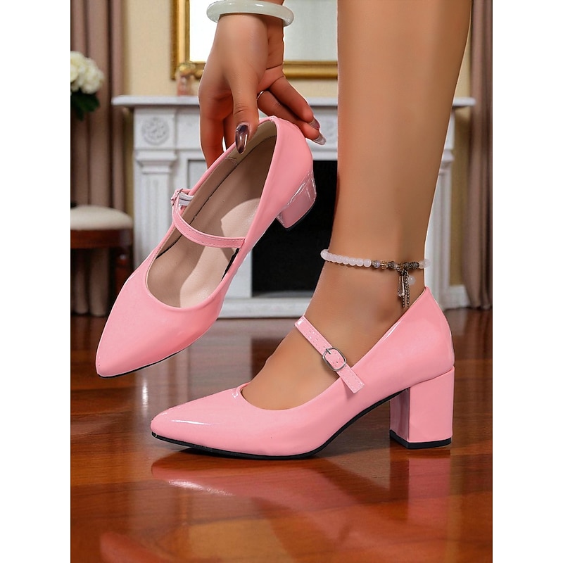 Women's Pink Patent Faux Leather Mary Jane Heels with Block Heel and Adjustable Strap - 1950s Cute Retro Style Dress Shoes for Ladies, Perfect for Parties, Weddings & Daily Outfits