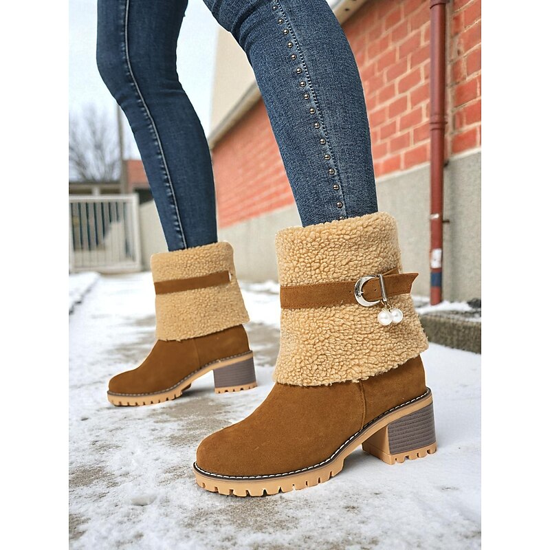 Women's Brown Faux Suede Fur Cuff Boots – Warm Block Heel Winter Shoes for Outdoor, Work and Casual Wear2