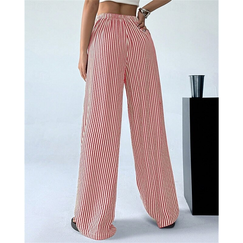 Women's Wide Leg Chinos Pants Trousers Vacation Vintage Streetwear Full Length Medium Waist Striped Pocket Elastic Waist Comfortable Micro-elastic Outdoor Vacation Daily Apricot Black Red Green2