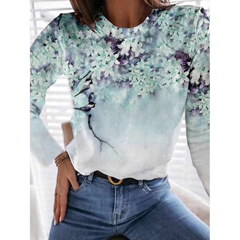 Women's T Shirt Floral Graphic Plants Vintage Fashion Stylish Long Sleeve Crew Neck Round Neck Regular Tops Daily Weekend Print Pink Blue Purple Green Summer Spring Fall2