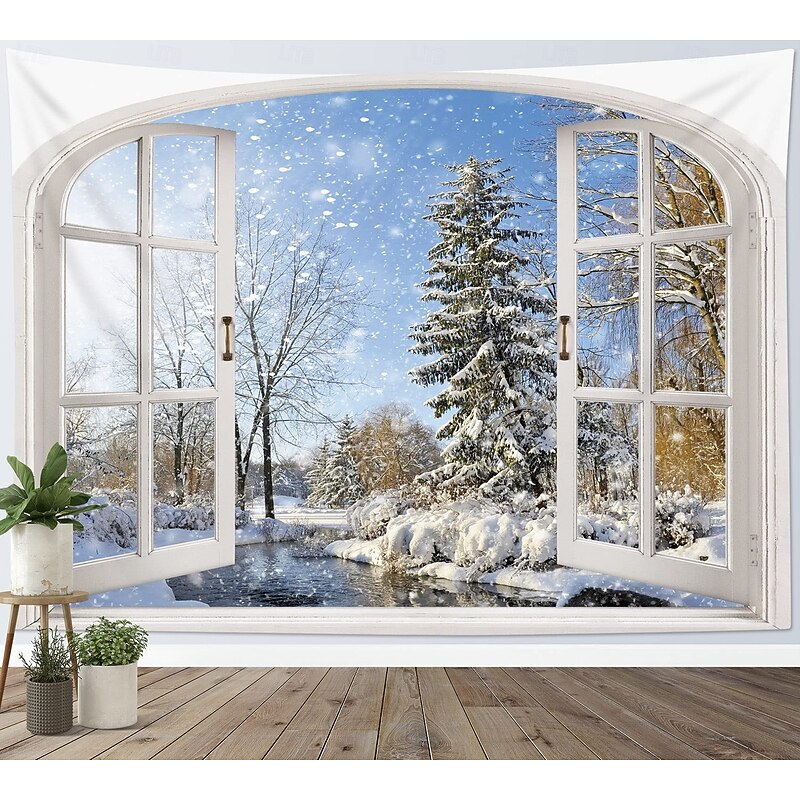 Chrismas Hanging Tapestry Snowy Window View Winter Landscape Large Wall Art Mural Decor Blanket Curtain Holiday Home Bedroom Living Room Festive Party Decoration
