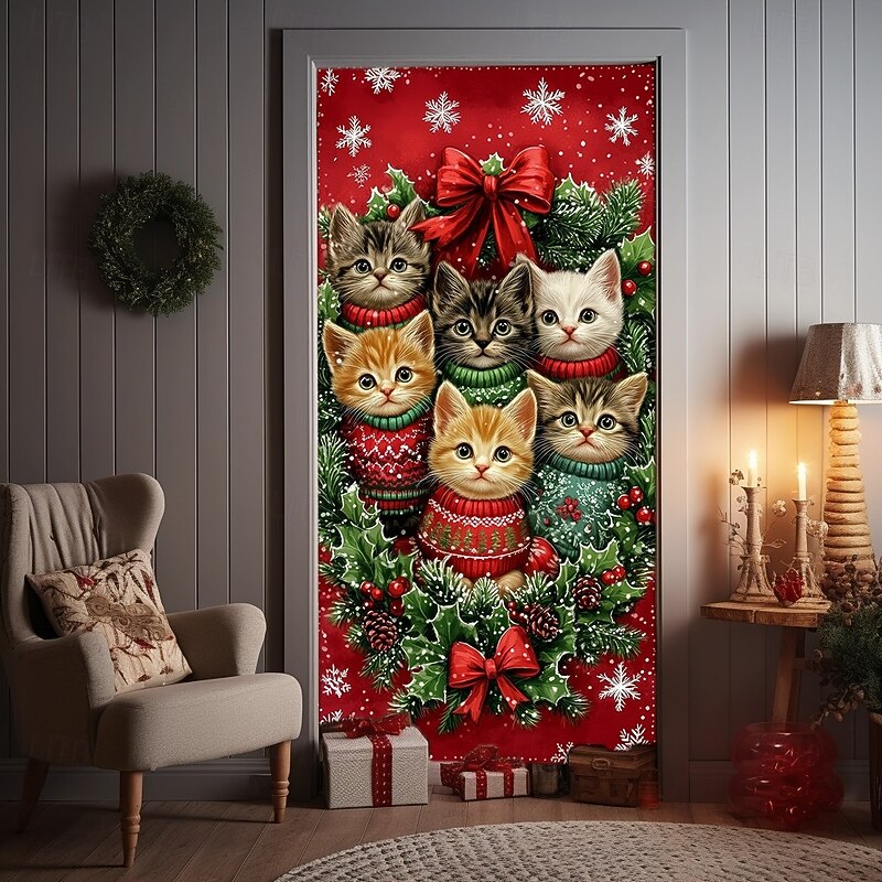 Christmas Door Cover Winter Holiday Decoration Drapes with Cat in Christmas Sweater Festive Holiday Colors Print for Home Entryway Living Room Bedroom Indoor Outdoor Seasonal Decor2