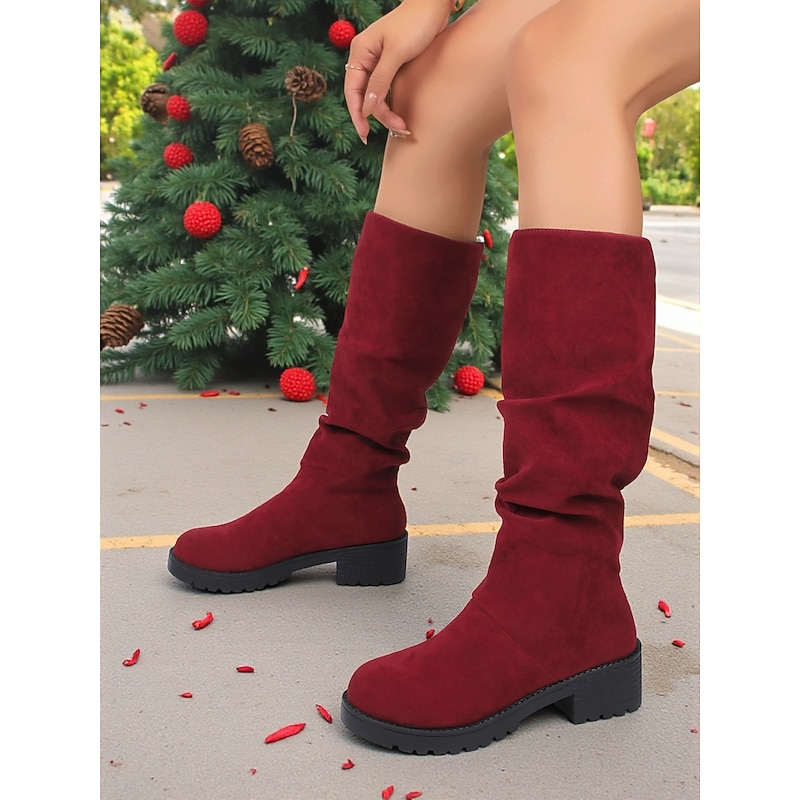 Women's Burgundy Faux Suede Slouchy Boots with Non-Slip Sole, Casual Mid Calf Boots for Christmas, Outdoor & Everyday Wear3