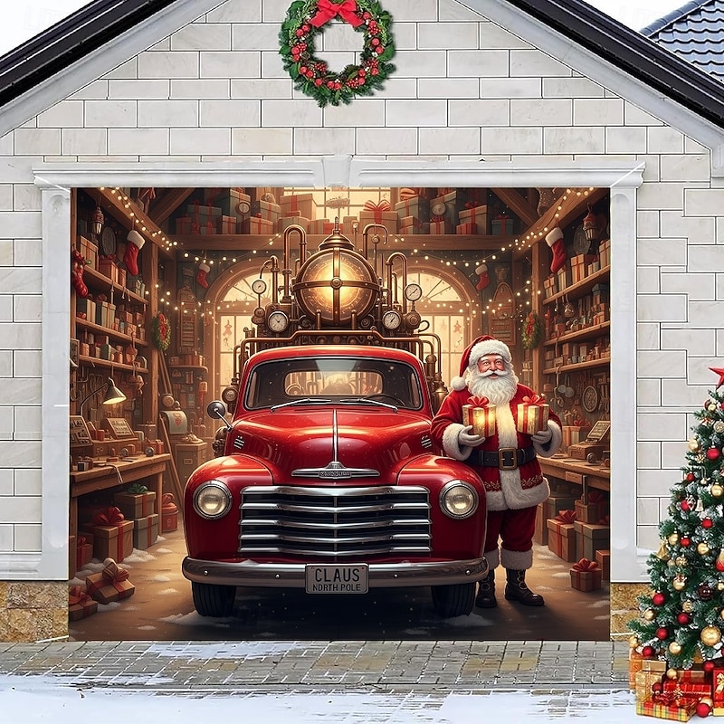 Christmas Garage Door Cover Santa Claus House Large Hanging Backdrop Outdoor Holiday Party Decoration 3D Festive Wall Banner Yard Home Christmas Scene Background