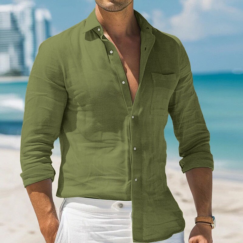Men's Shirt Linen Shirt Summer Shirt Beach Shirt Plain Holiday Daily Wear White Light Green Pink Blue Long Sleeve Turndown Summer Spring &  Fall Clothing Apparel Button-Down4