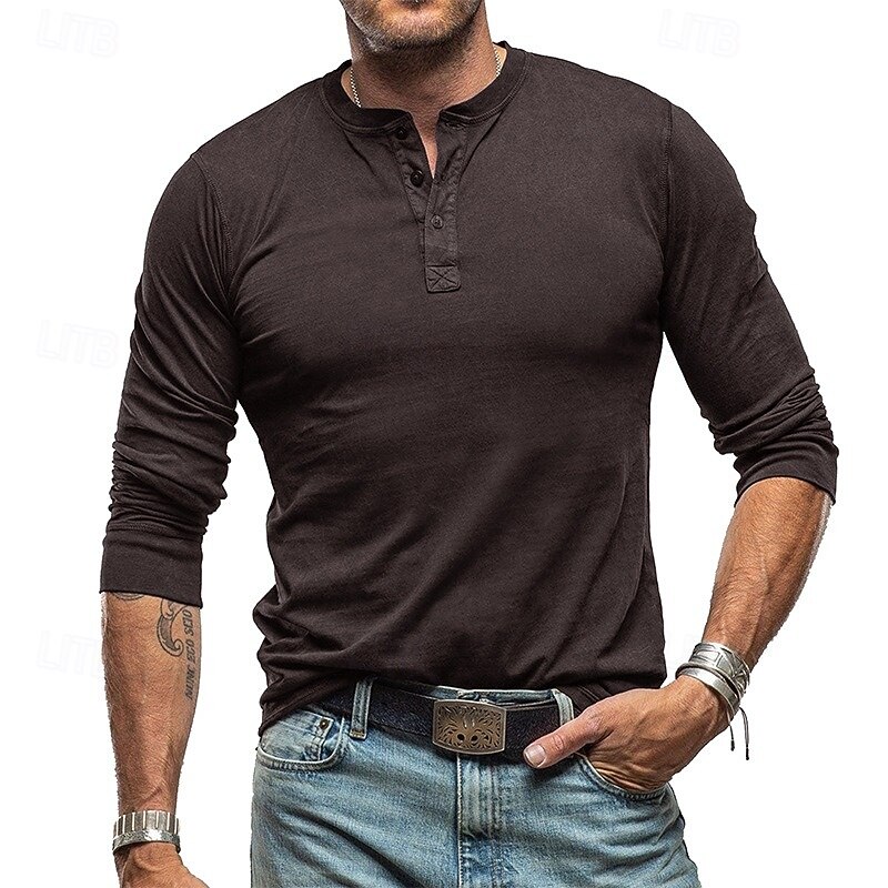 Men's Henley Shirt Tee Henley Top Long Sleeve Solid Color Plain Solid Vintage Fashion Designer Color Block Buttons Henley Outdoor Casual Daily Summer Spring All Seasons Dark Brown Wine Navy Blue2