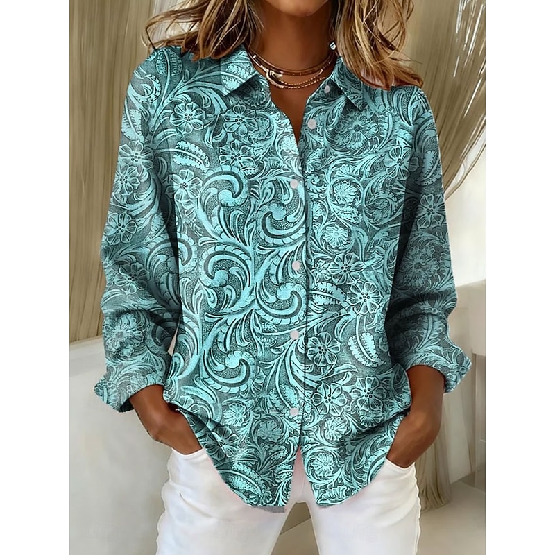 Women's Shirt Blouse Floral Graphic Elegant Vintage Tropical Long Sleeve Shirt Collar Regular Tops Work Print Blue Green Khaki Spring Fall Winter