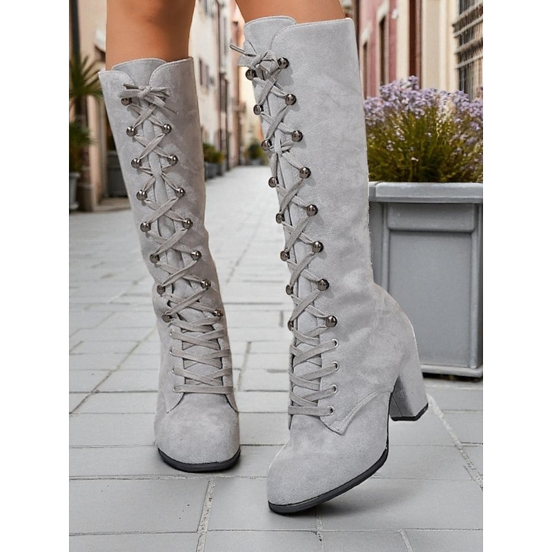 Women's Gray Suede Knee-High Lace-Up Boots, Retro Victorian Chunky Heel Tall Booties for Winter Fashion, Cosplay & Streetwear