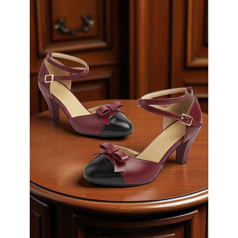 Women's Blue and Black Faux Leather Ankle Strap Heels with Bow - 1950s Vintage Retro Mary Jane Style Dress Shoes for Ladies, Perfect for Weddings, Parties & Formal Outfits - Main Image