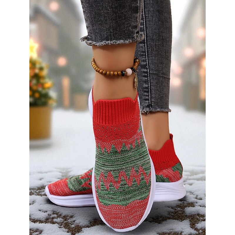 Women's Red & Green Knit Sneakers – Lightweight Breathable Slip-On Running Shoes for Sports, Walking, Christmas Parties and Casual Outfits3