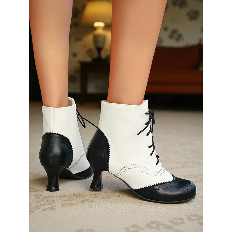 Women's White and Black Victorian Edwardian Style Lace-Up Ankle Boots with Brogue Detailing and Kitten Heel - Vintage Dress Boots for Ladies, Perfect for Cosplay, Steampunk & Historical Reenactments4