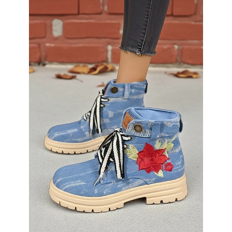 Women's Blue Denim Lace-Up Ankle Boots with Red Rose Embroidery and Chunky Non-Slip Sole, Stylish Casual Combat Boots for Fall Winter Outfits4