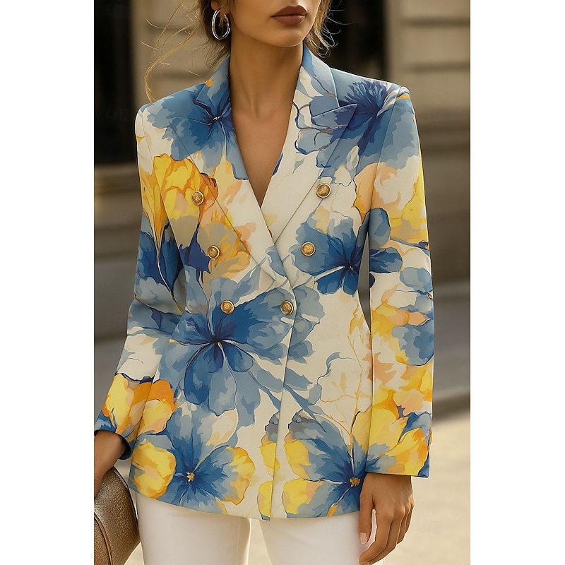Women's Blazer Warm Comfortable Buttons Vintage Fashion Classic Modern Floral Vacation Home Casual Daily Double Breasted Regular Notch Lapel Regular Fit Long Sleeve Outerwear Pink Blue Spring Fall2