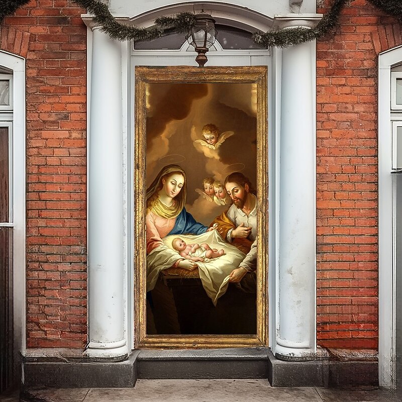 Christmas Door Cover Winter Holiday Decoration Drapes with Nativity Scene of Jesus Birth Print for Home Entryway Living Room Bedroom Indoor Outdoor Festive Seasonal Religious Home Decor2