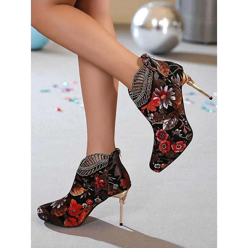 Women's Floral Velvet Ankle Boots - Pointed Toe Stiletto High Heel Booties with Rhinestone Collar for Nightlife Party & Clubwear3