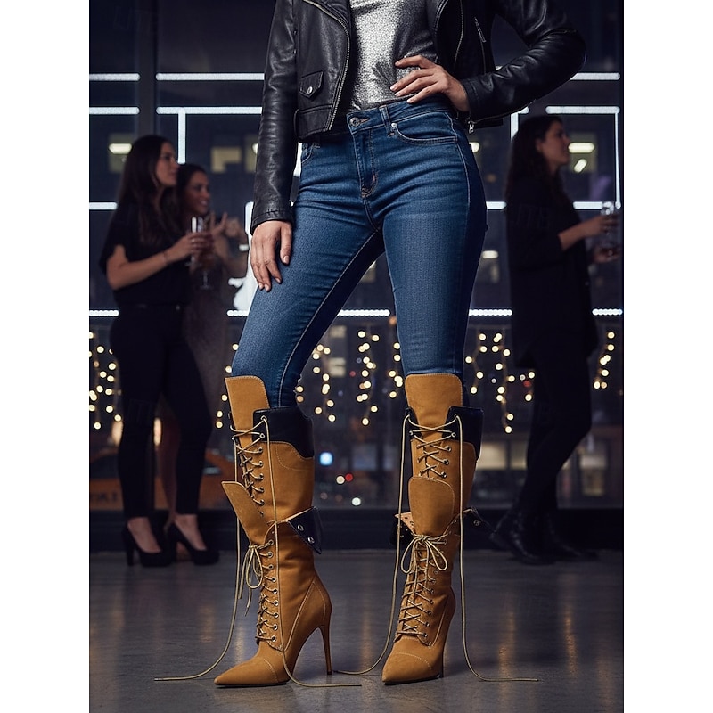 Women's Lace-Up Knee High Boots with Stiletto Heels - Brown Leather Pointed Toe Fashion Boots for Party, Night Out, and Fall Winter Outfits2