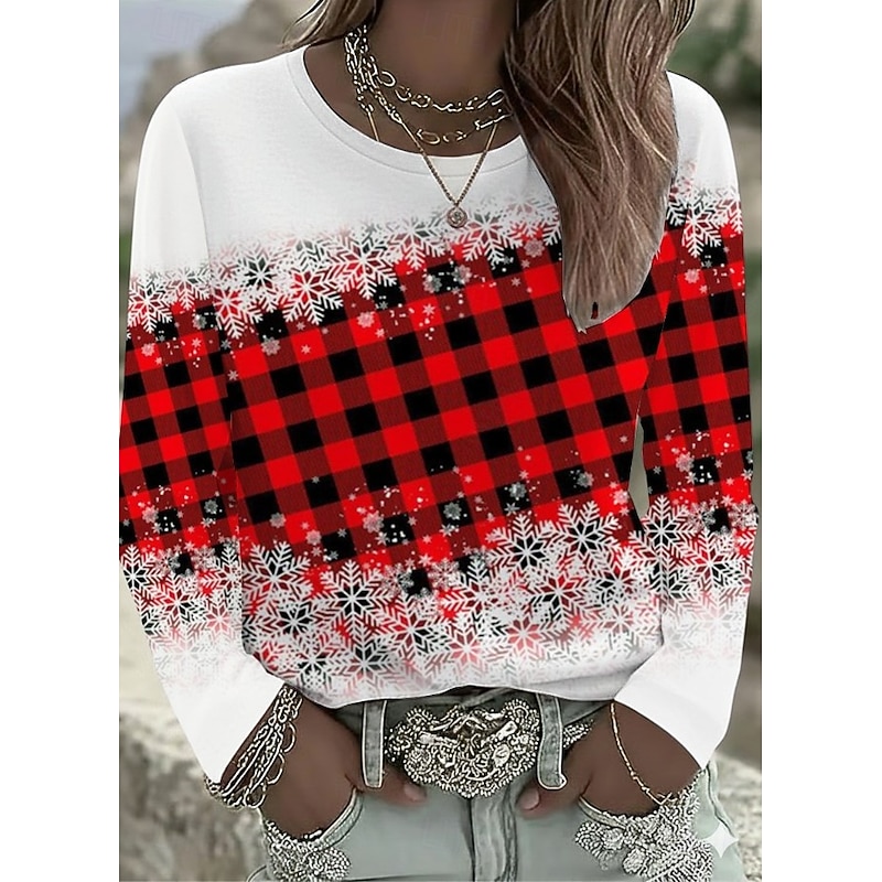 Christmas Women's T Shirt Graphic Geometric Snowflake Vintage Fashion Stylish Long Sleeve Crew Neck Regular Tops Daily Weekend Print Red Fall Winter