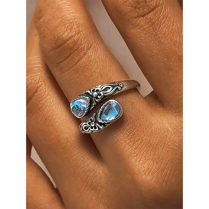 Women's Silver Adjustable Ring with Moonstone & Crystal, Vintage Bohemian Jewelry for Engagement, Anniversary & Daily Wear
