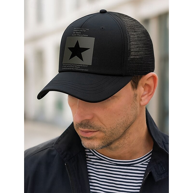 Men's Trucker Cap with Star Print, Breathable Mesh Adjustable Baseball Hat, Casual Streetwear Outdoor Sports Snapback