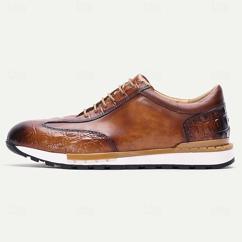 Men's Tan Genuine Leather Crocodile Pattern Sneakers with Lace-Up Closure and Flexible Sole, Luxury Casual Dress Shoes for Parties and Business Casual Outfits3