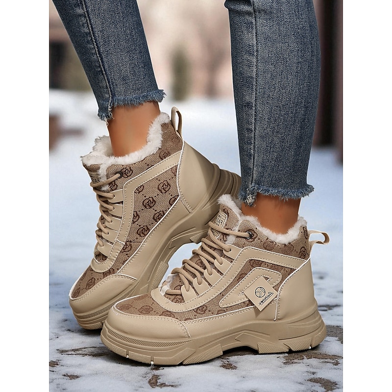 Women's Khaki Fur-Lined Combat Boots, Warm Casual Winter Boots with Anti-Slip Sole, Cozy Outdoor Footwear for Cold Weather & Travel
