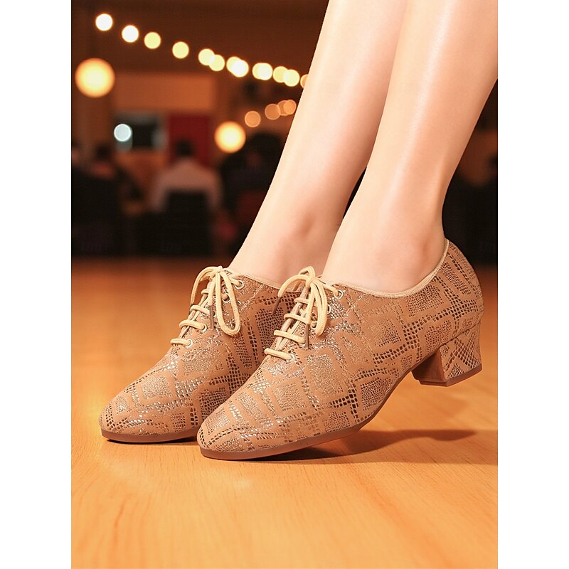 Women's Beige Lace-Up Ballroom Dance Shoes - Low Heel Oxford Style Glitter Pattern Pumps for Professional Dance Party & Performances