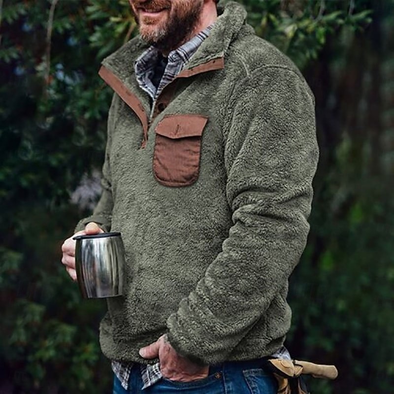 Men's Sweatshirt Polar Fleece Army Green Green Light Grey Light Green Standing Collar Color Block Patchwork Pocket Sports & Outdoor Daily Holiday Polyester Streetwear Basic Casual Fall & Winter2