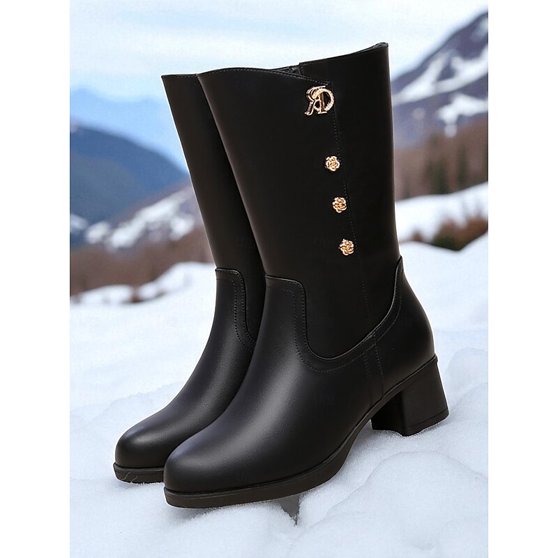 Women's Black Faux Leather Winter Boots with Warm Fur Lining, Mid-Calf Snow Boots with Block Heel, Non-Slip Cozy Fashion Footwear for Cold Weather, Outdoor Travel and Holiday Wear4