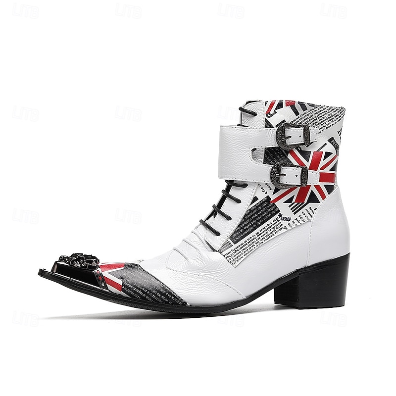 Men's White and Black Genuine Leather British Flag Punk Rock Boots, 100% Cowhide Lace-Up Ankle Boots with Buckle Straps for Stage, Cosplay and Gothic Fashion4