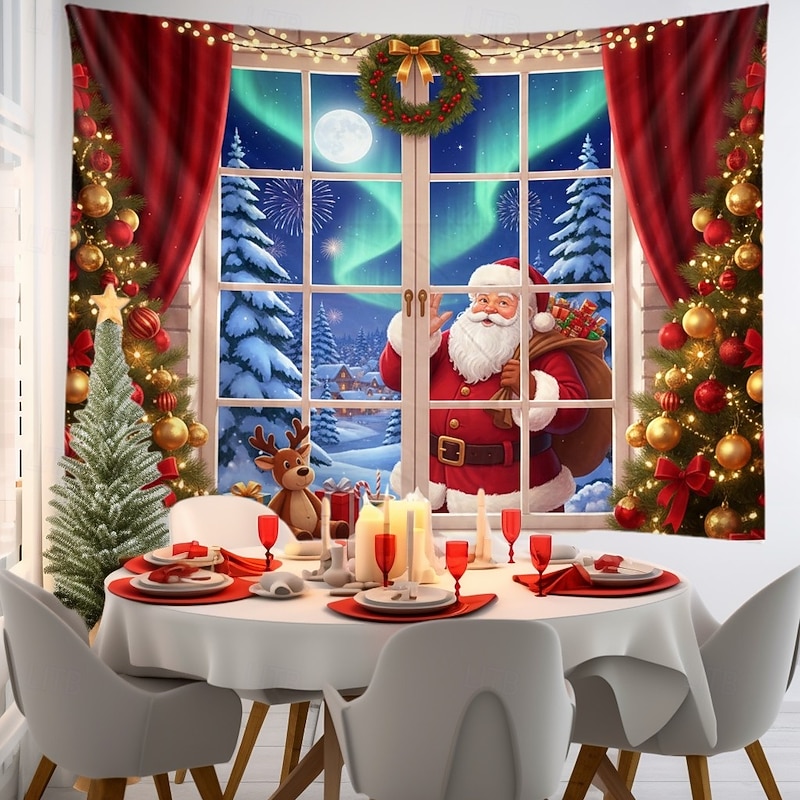 Christmas Hanging Tapestry Santa Claus with Christmas Wreath Aurora Borealis and Christmas Tree Large Wall Art Mural Decor Blanket Curtain Holiday Home Bedroom Living Room Festive Seasonal Decoration4