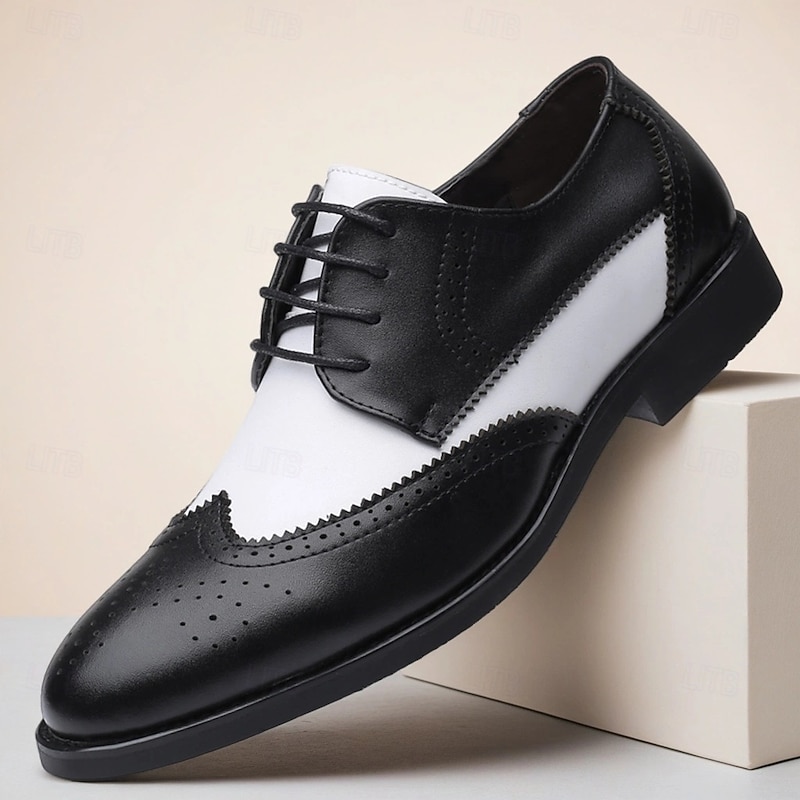 Men's Black and White Oxford Dress Shoes with Brogue Detailing, Classic Two-Tone Formal Shoes for Office, Weddings and Gatsby-Themed Parties