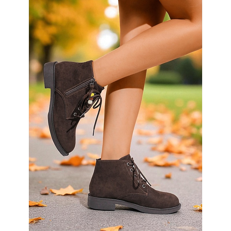 Women's Dark Brown Lace-Up Ankle Boots with Side Zipper and Beaded Tassel Detail, Comfortable Low Heel City Nomadic Style Faux Suede Boots for Casual Daily Outfits Wear4