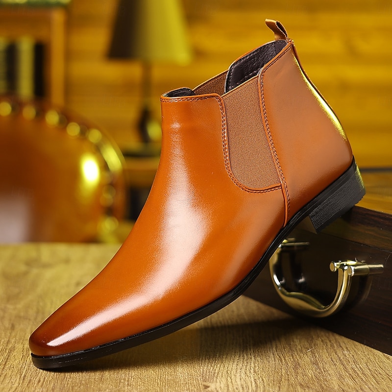 Men's Brown Faux Leather Crocodile Pattern Chelsea Boots with Pointed Toe and Elastic Side Panels, Stylish Dress Ankle Boots for Business, Parties and Formal Occasions