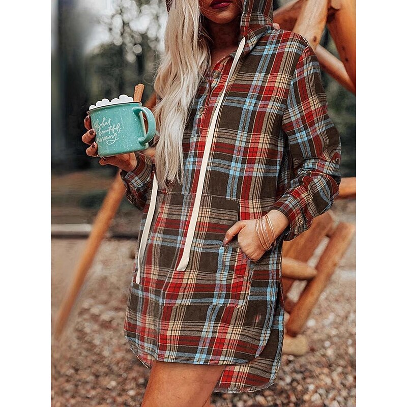 Women's Shirt Graphic Plaid Bohemia Vintage Stylish Long Sleeve Hooded Long Tops Daily Holiday Pocket Buttons Asymmetric Rainbow Spring Fall Winter Spring, Fall, Winter, Summer2