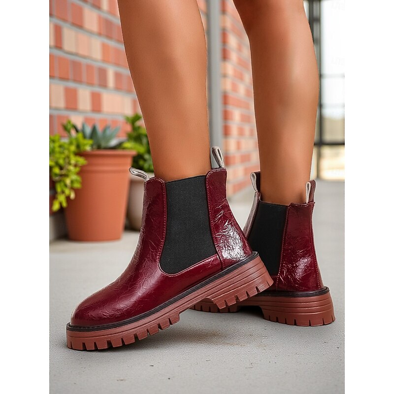 Women's Burgundy Faux Leather Chelsea Boots with Elastic Side Panels and Non-Slip Sole, Stylish Ankle Boots for Fall Winter Casual and Daily Wear4