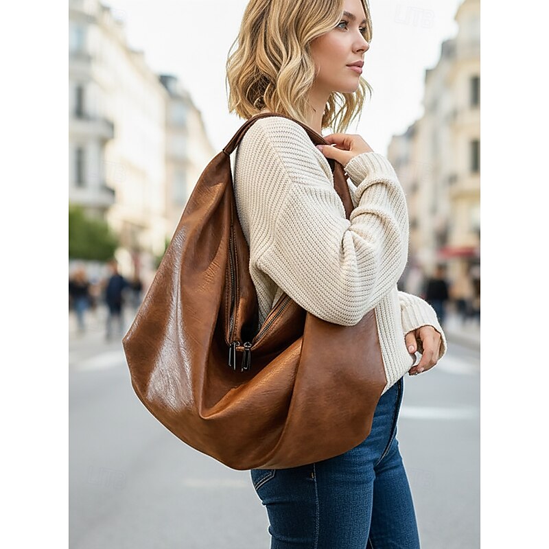 Women's Large Faux Leather Hobo Bag, Casual Slouchy Shoulder Handbag with Zipper, Vintage Tote Purse for Work, Travel, Shopping & Daily Use