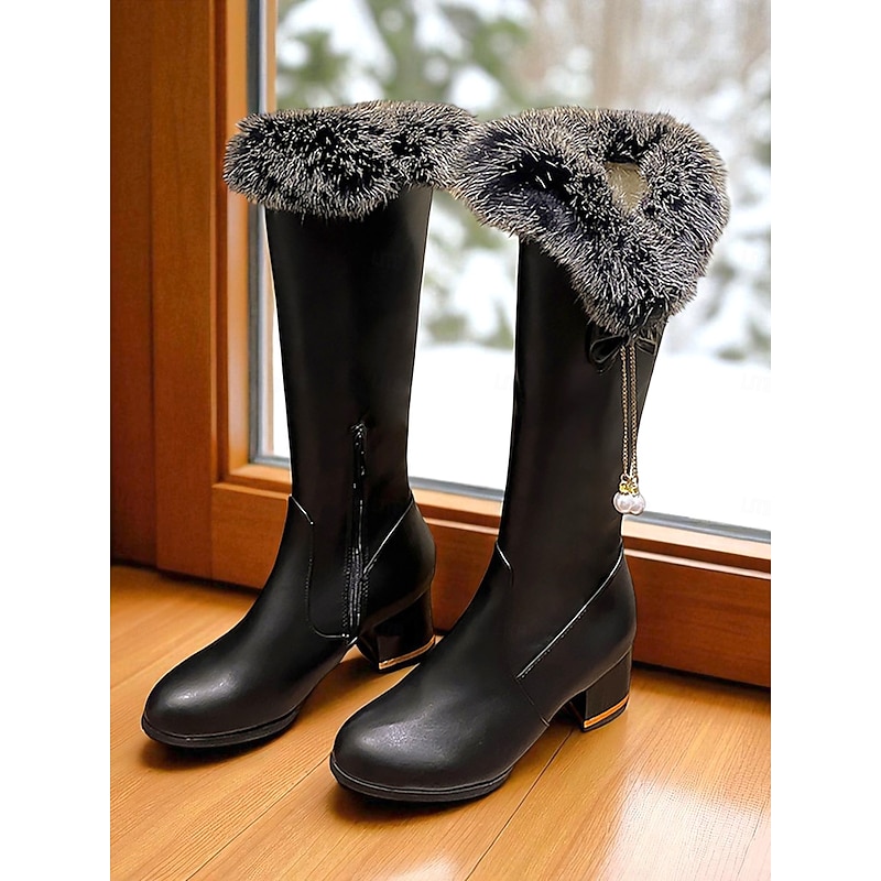 Women's Black Knee High Boots with Faux Fur Trim and Pearl Charm, Warm Winter Fashion Boots for Christmas & Cold Weather Outfits2