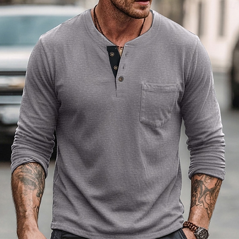 Men's T Shirt Henley Shirt Long Sleeve Shirt Long Sleeve Plain Solid Lightweight Classic Casual Button-Down Henley Vacation Casual Holiday Spring &  Fall All Seasons Black White khaki Henley T-Shirt