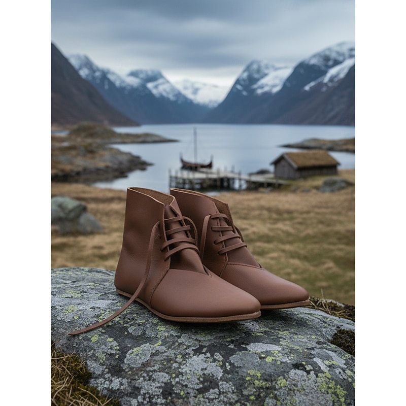 Women's Brown Faux Leather Medieval Lace-Up Boots, Viking Style Retro Renaissance Footwear for LARP, Reenactments & Historical Festivals