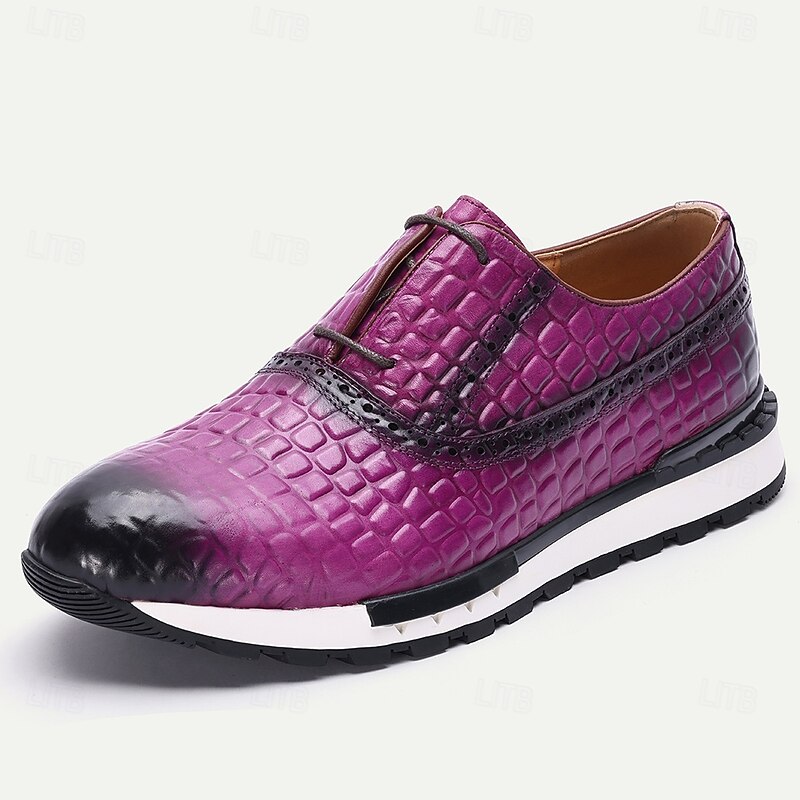 Men's Purple Genuine Leather Crocodile Pattern Sneakers with Lace-Up Design and Flexible Sole, Designer Casual Dress Shoes for Business and Evening Occasions2