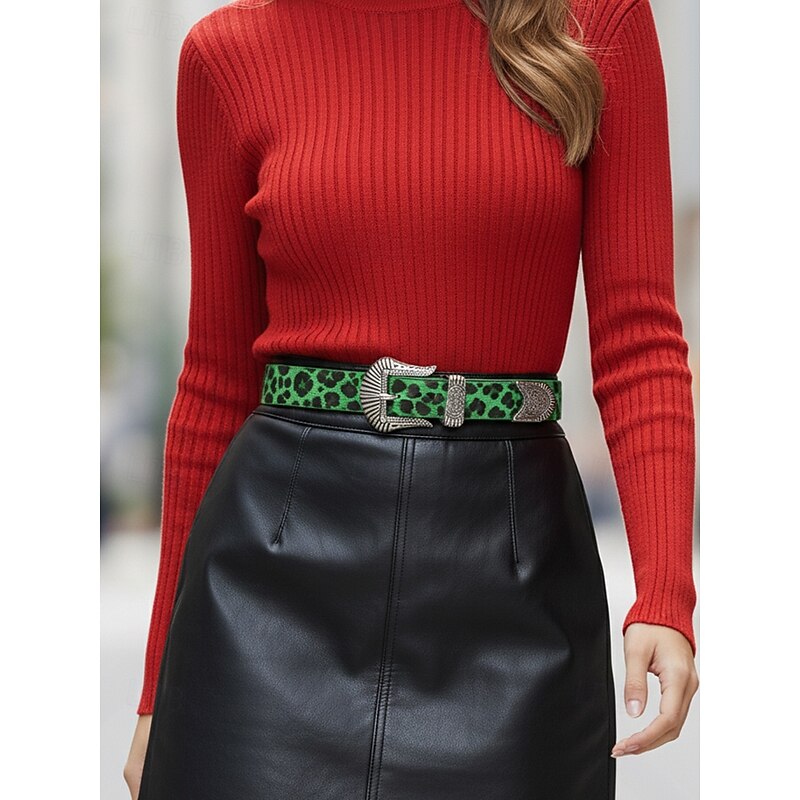 Women's Leopard Print Belt with Vintage Metal Buckle, Stylish Western Cowgirl Waist Accessory in Multiple Colors, Fashion Retro Belt for Jeans, Dresses & Party Outfits4