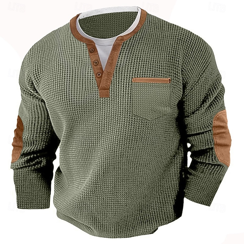Men's Waffle Tee Waffle Henley Shirt Long Sleeve Henley Fall Spring &  Fall Solid Color Fashion Basic Henley Fake two piece Vacation Home Office Black Gray Navy Blue Top Tee for Men