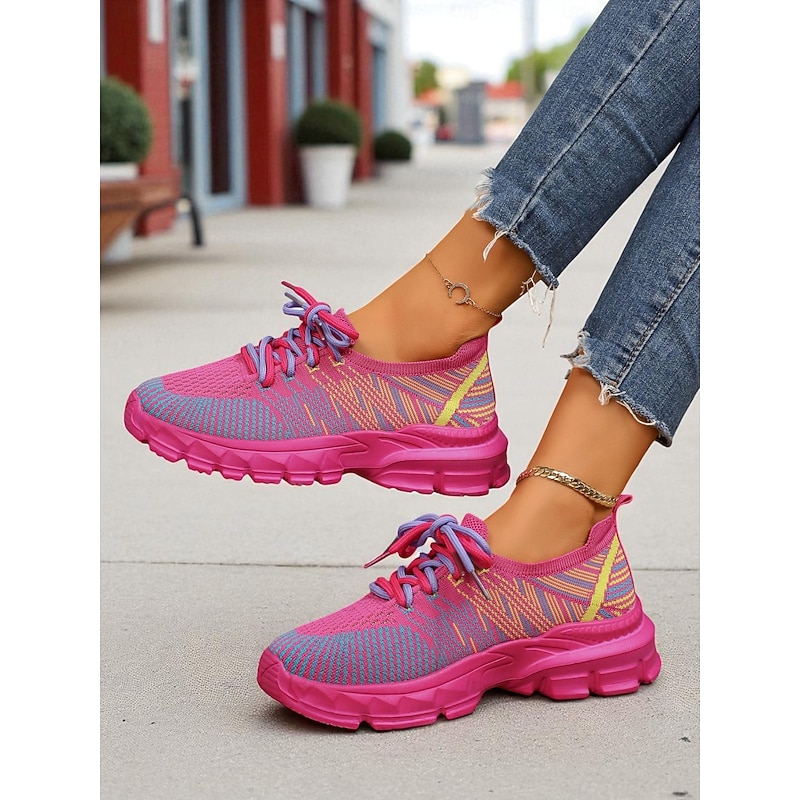 Women's Rose Pink Flyknit Running Sneakers, Lightweight Lace-Up Sports Shoes for Walking, Gym & Casual Wear2