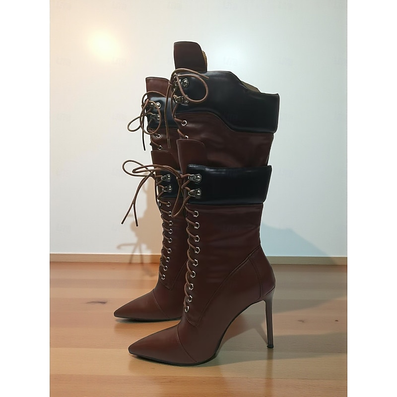 Women's Lace-Up Knee High Boots with Stiletto Heels - Brown Leather Pointed Toe Fashion Boots for Party, Night Out, and Fall Winter Outfits4